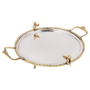 سینی گرد استیل و برنج تیارا TI 4453 با لبه‌های برنزی و بدنه استیل براق، مناسب پذیرایی و دکوراسیون لوکس