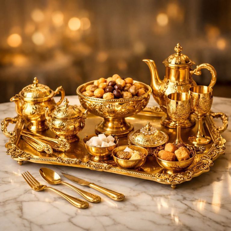 نمای کلی از سرویس پذیرایی فلزی لوکس در نور نرم با پسزمینه تیره