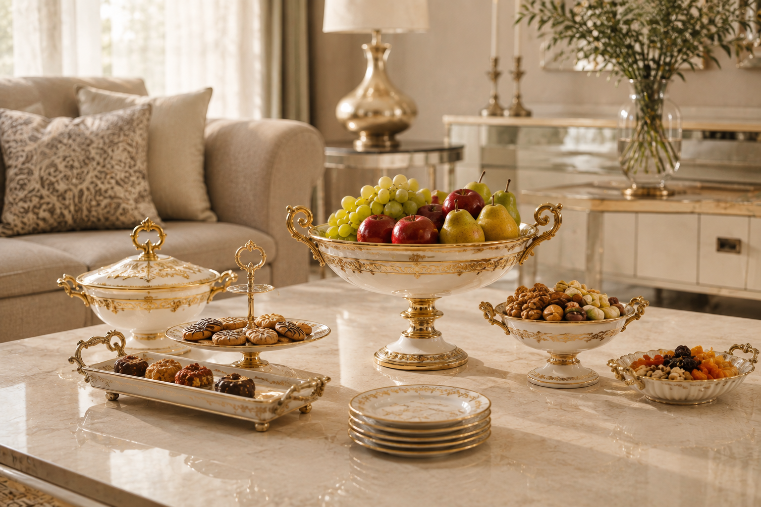 چیدمان رسمی ظروف پذیرایی با ظرف شاخص و ارتفاع کنترل‌شده